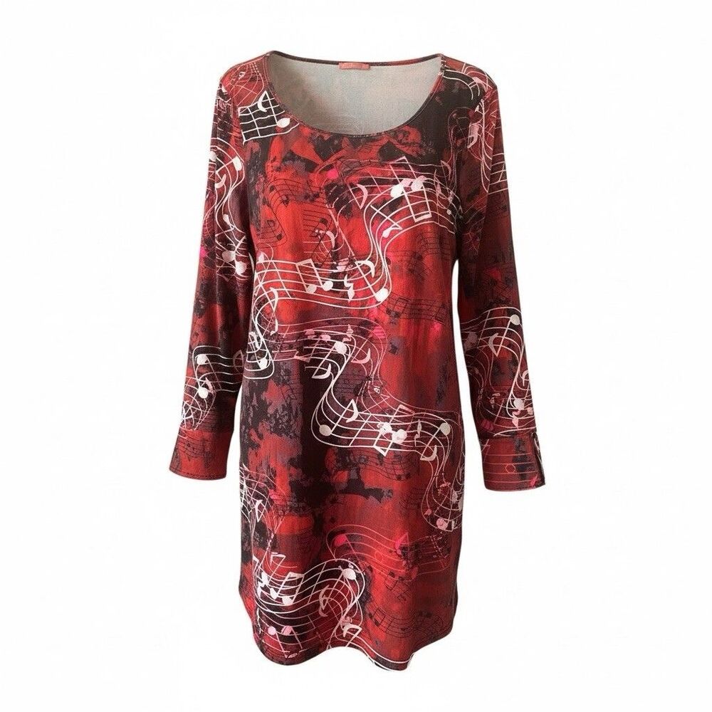 Simply Aster Shirt Womens 2X Red Music Note Abstract Print Tunic Top Swing